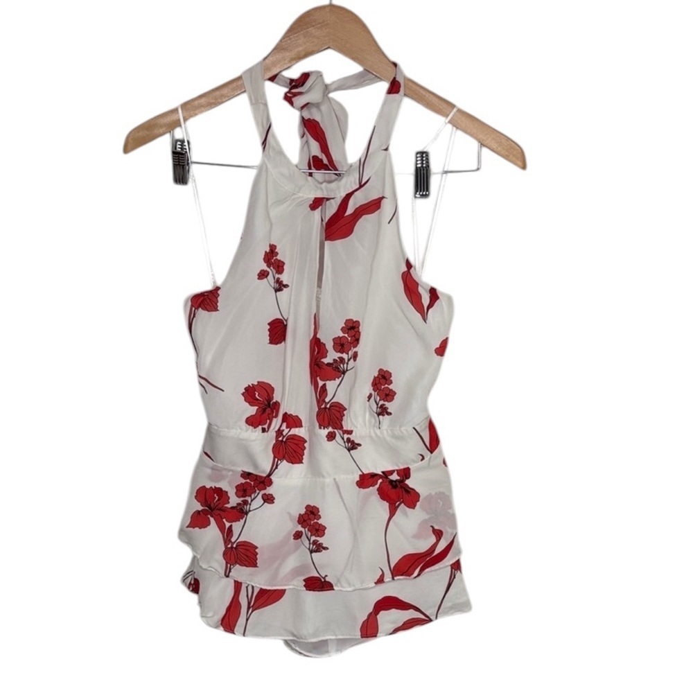 Parker White Red Poppy Silk Halter Top Women Size M